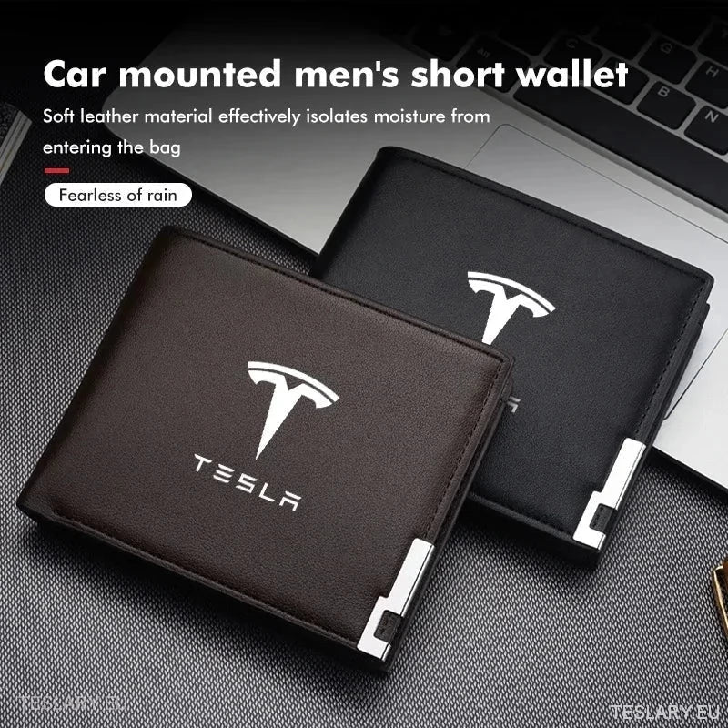 Essential PU Black Leather Wallet with Tesla Logo Features