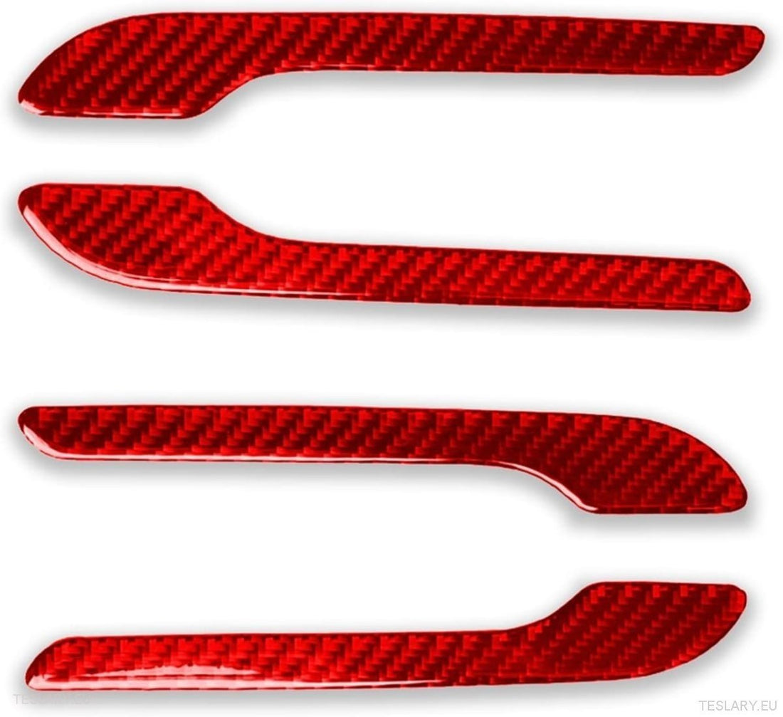 TESLA 3/Y HANDLE COVER KIT 3D Plastic & Vinyl Wrap Versions - product shot showing red carbon finish on handles