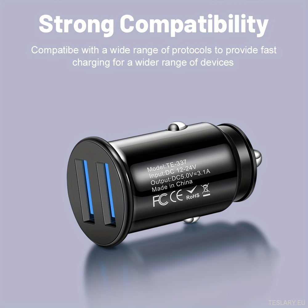 Mini USB Car Charger 2 Ports Fast Charger Adapter for EVs inkludert Tesla, BYD og mange flere