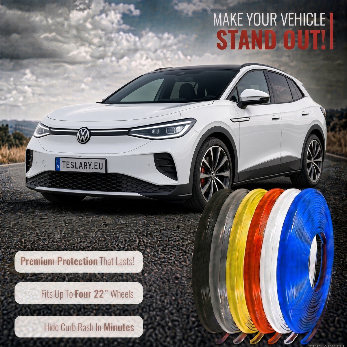 VW ID3 ID4 ID5 ID6  WHEEL COVER PROTECTIVE STRIPS IN RED WHITE BLACK GREY 8 METRES BUY FROM IRELAND AND EUROPES TESLARY.EU
