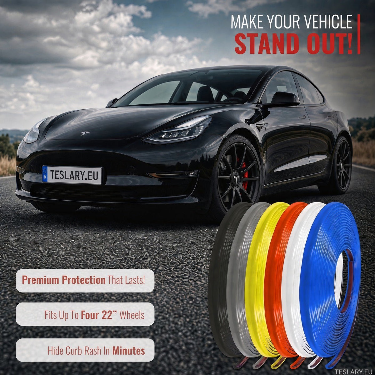 A black Tesla Model Y parked on an asphalt road with promotional text overlays and four rolled vinyl wraps in gray, yellow, orange, white, red, and blue shown in the foreground. The image advertises vehicle wrap film. TESLA WHEEL COVER PROTECTIVE STRIPS IN RED WHITE BLACK GREY 8 METRES BUY FROM IRELAND AND EUROPES TESLARY.EU