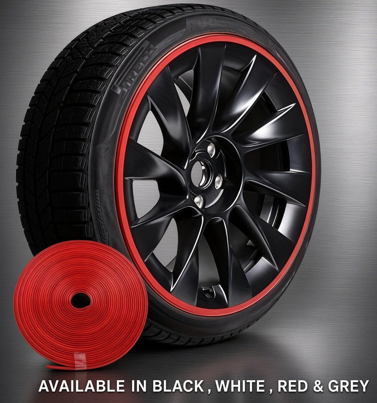 A black car wheel with a red accent ring and a matching red coiled strip of tire liner shown in front, on a metallic gray background. Text at the bottom reads 'AVAILABLE IN BLACK, WHITE, RED & GREY' and a small 'TESLARY. TESLA WHEEL COVER PROTECTIVE STRIPS IN RED WHITE BLACK GREY 8 METRES BUY FROM IRELAND AND EUROPES TESLARY.EU
