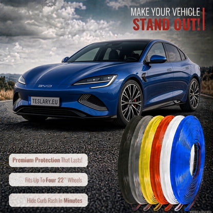 Blue sedan on a road with promotional text and a stack of colorful wheel protection strips in the foreground. The image advertises vehicle wrap or wheel protection, with the car and sky serving as contextual background. BYD SEAL ATTO 3 DOLPHIN  WHEEL COVER PROTECTIVE STRIPS IN RED WHITE BLACK GREY 8 METRES BUY FROM IRELAND AND EUROPES TESLARY.EU
