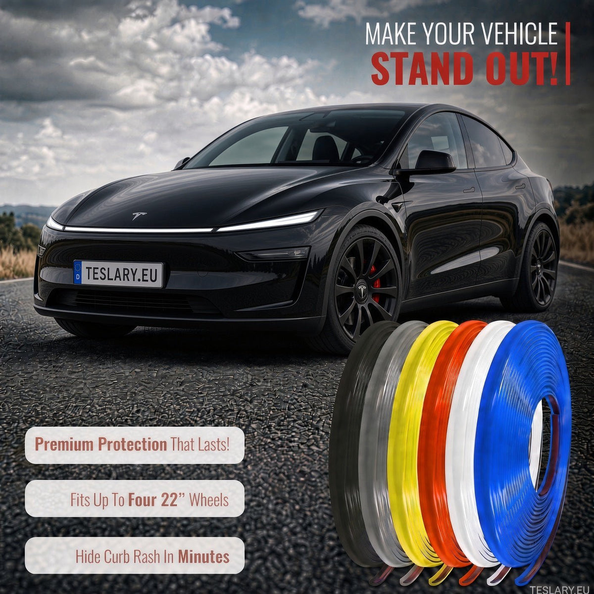 A black Tesla Model Y on a road with promotional text and a set of colorful rolled vinyl wraps in gray, yellow, orange, white, red, and blue shown in the foreground. The image advertises vehicle wrap protection and fitment up to four 22-inch wheels. TESLA WHEEL COVER PROTECTIVE STRIPS IN RED WHITE BLACK GREY 8 METRES BUY FROM IRELAND AND EUROPES TESLARY.EU