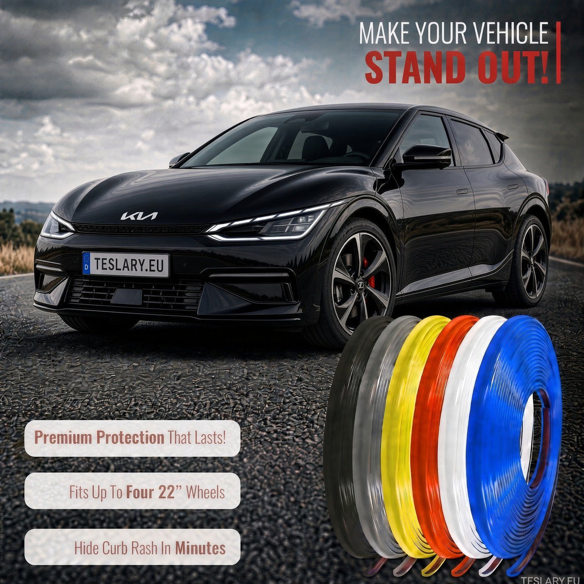 A black Kia SUV on a road with promotional text and a set of colorful protective vinyl wraps shown in the foreground. The wraps are displayed in black, gray, yellow, orange, white, and blue, with marketing claims about premium protection and curb rash coverage. KIA EV6 EV2 EV3 EV4 EV5 EV7 EV8 EV9 WHEEL COVER PROTECTIVE STRIPS IN RED WHITE BLACK GREY 8 METRES BUY FROM IRELAND AND EUROPES TESLARY.EU