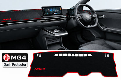 Black car interior dashboard mat shown installed inside a vehicle cabin, with a separate flat view of the mat labeled 'A R H D Red Side' at the bottom left.