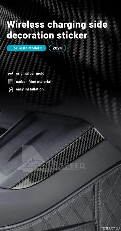 Tesla 3 Highland/Y Juniper Real Soft Carbon Fiber Side Trim för trådlös laddare