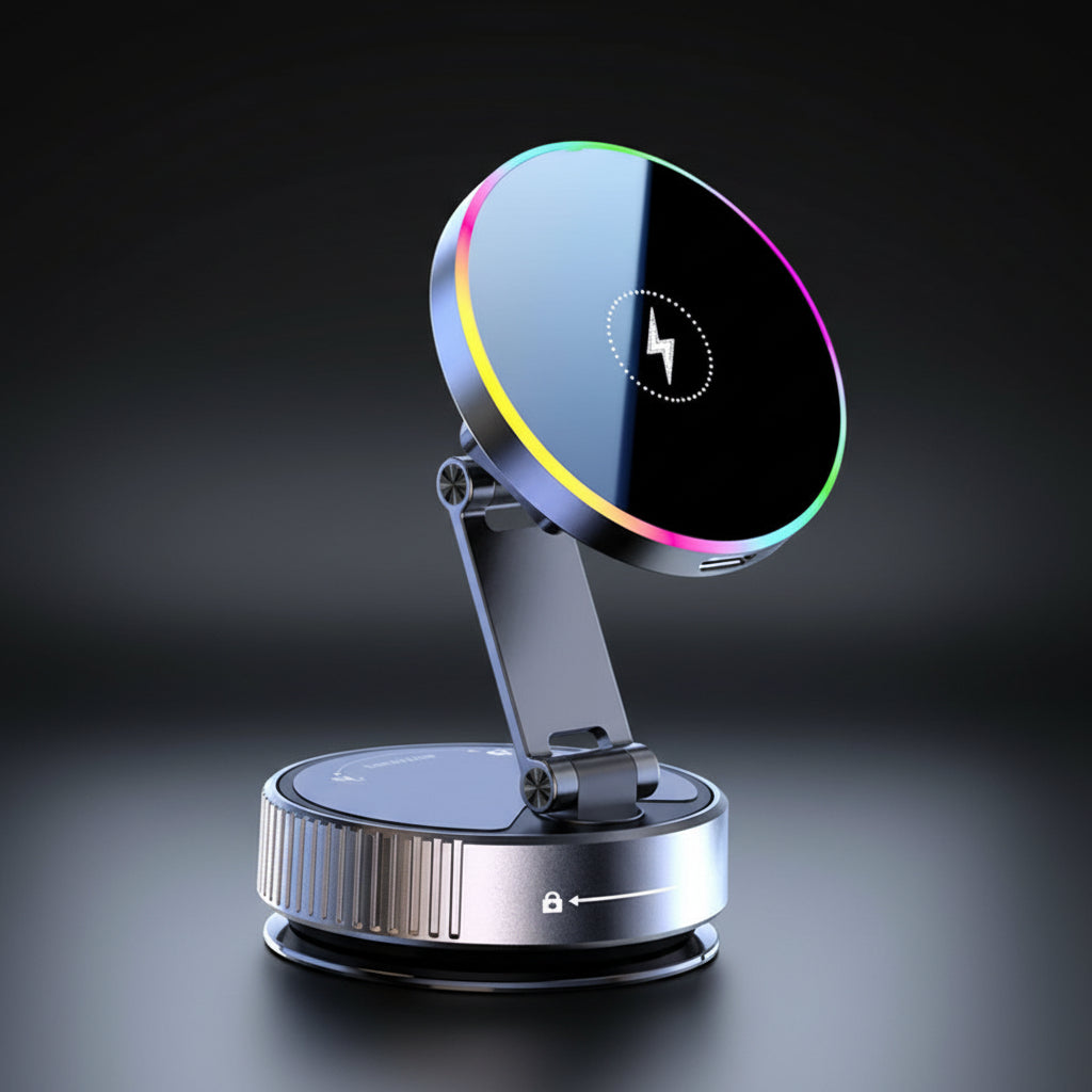 A modern wireless charging stand with a circular black charging pad featuring a colorful RGB LED ring, supported by a dark gray adjustable metal arm and a silver base with a suction cup.