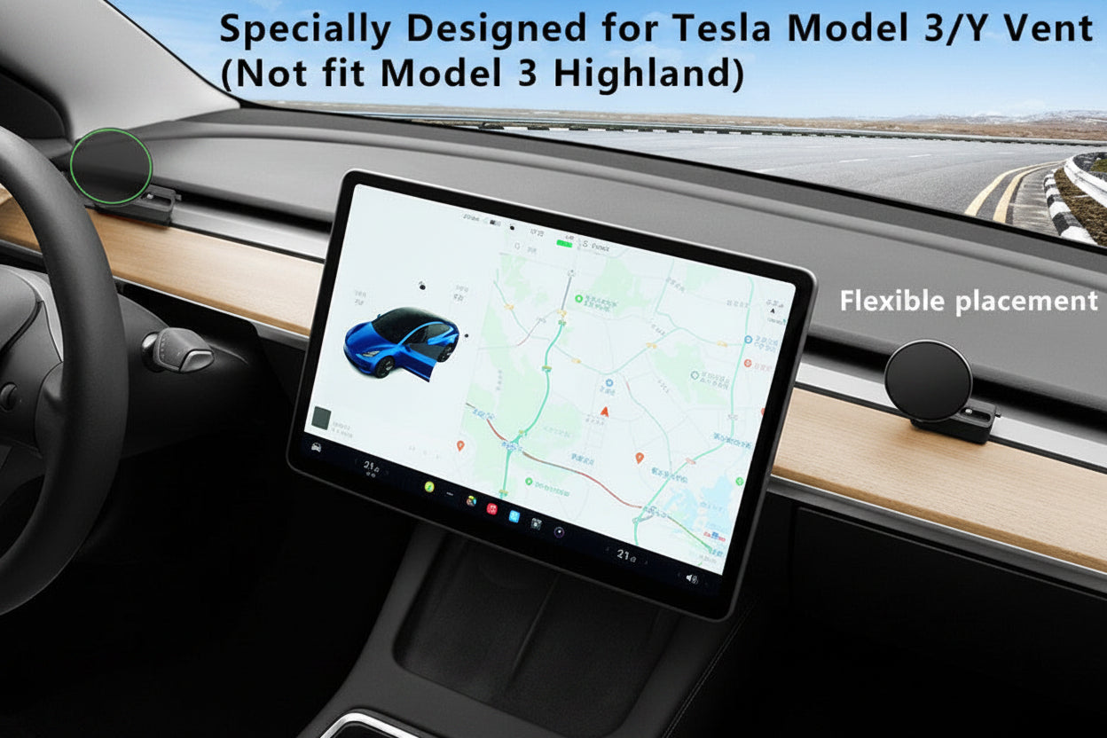 A car interior dashboard scene showing a small circular black accessory mounted on the right side of the console, with a large central touchscreen displaying a map. Text overlays read 'Specially Designed for Tesla Model 3/Y Vent (Not fit Model 3 Highland)' and 'Flexible placement.