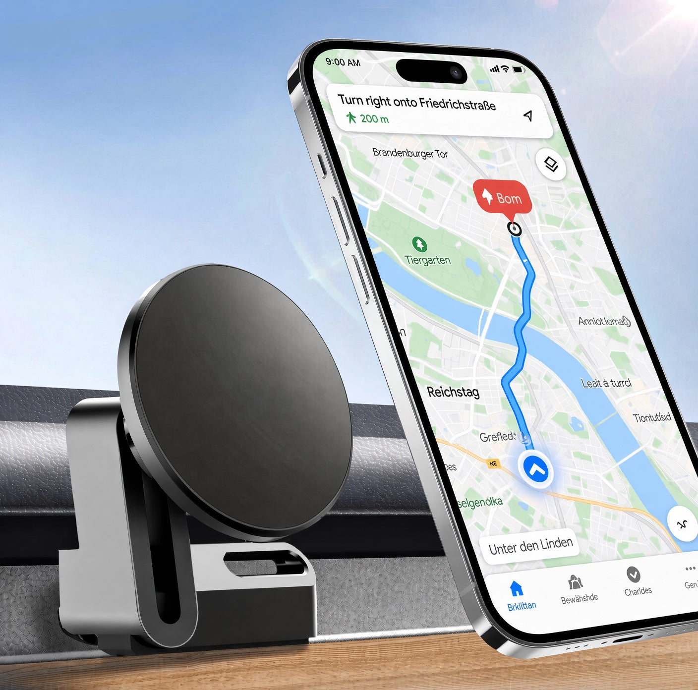 A black and silver magnetic car windshield mount holding a smartphone showing a navigation map, positioned on a dashboard against a blurred sky background. TESLA_MODEL_3_MODEL_Y_SUPER_MAGNET_DASH_PHONE_MOUNT_WITH_PRONGS_BUY_FROM_IRELAND_AND_EUROPES_TESLARY.EU