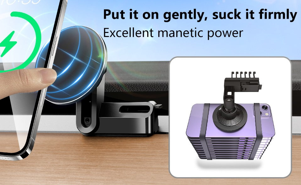 A purple and black magnetic phone mount clamp shown with a smartphone demonstrating magnetic suction, plus marketing text and a smaller inset product view on a light background. TESLA_MODEL_3_MODEL_Y_SUPER_MAGNET_DASH_PHONE_MOUNT_WITH_PRONGS_BUY_FROM_IRELAND_AND_EUROPES_TESLARY.EU
