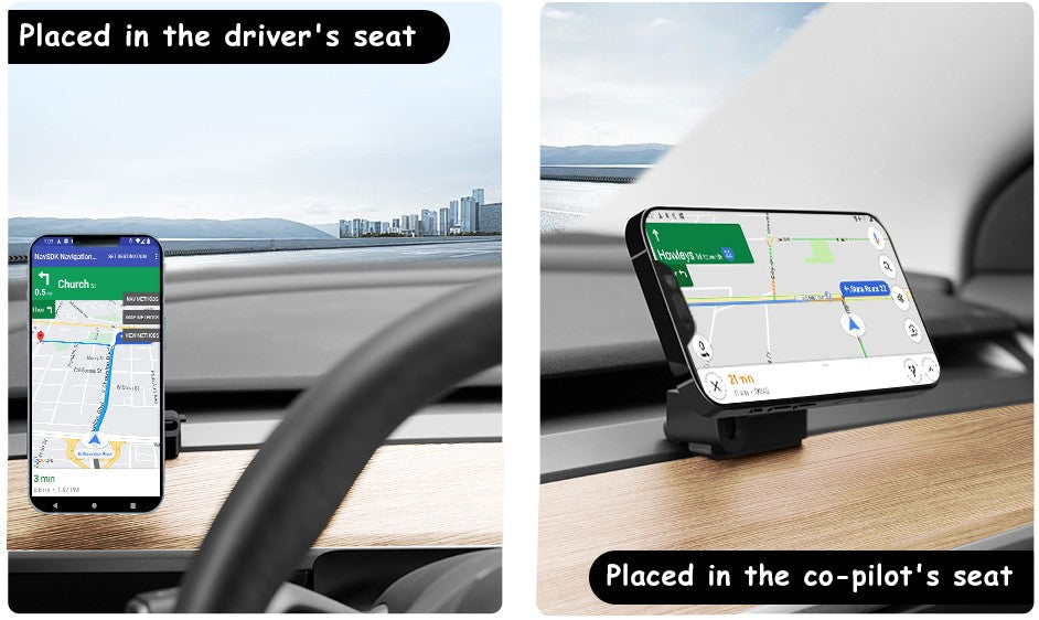 Two-panel demonstration of a smartphone car mount placed on a dashboard inside a vehicle. The left panel shows the mount with a phone in the driver's seat, and the right panel shows it in the co-pilot's seat. TESLA_MODEL_3_MODEL_Y_SUPER_MAGNET_DASH_PHONE_MOUNT_WITH_PRONGS_BUY_FROM_IRELAND_AND_EUROPES_TESLARY.EU