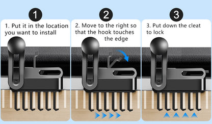 Three-step installation diagram showing a black magnetic clip or hook fastener being applied to a wooden surface. Step 1 says to put it in the desired location, step 2 says to move it so the hook touches the edge, and step 3 says to put down the cleat to lock. TESLA_MODEL_3_MODEL_Y_SUPER_MAGNET_DASH_PHONE_MOUNT_WITH_PRONGS_BUY_FROM_IRELAND_AND_EUROPES_TESLARY.EU