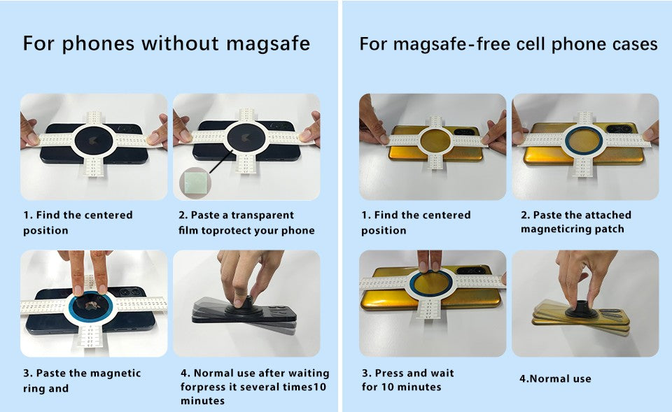 Instructional comparison graphic for magnetic phone ring attachment, showing two side-by-side panels with step-by-step directions for phones without magSafe and magsafe-free cell phone cases. Each panel contains four numbered photos demonstrating pasting a transparent film, applying a magnetic ring or patch, and normal use. TESLA_MODEL_3_MODEL_Y_SUPER_MAGNET_DASH_PHONE_MOUNT_WITH_PRONGS_BUY_FROM_IRELAND_AND_EUROPES_TESLARY.EU
