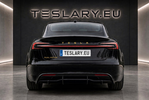 Rear view of a black Tesla Model S with a custom license plate reading TESLARY.EU, parked in front of a dark wall with large TESLARY. TESLA_MODEL_Y_JUNIPER_MODEL_3_HIGHLAND_DUAL_MOTOR_LOGOS_IN_BLACK_RED_GLOSS_MAT_GOLD_CHROME_PERFORMANCE_BUY_FROM_IRELAND_AND_EUROPES_TESLARY.EU