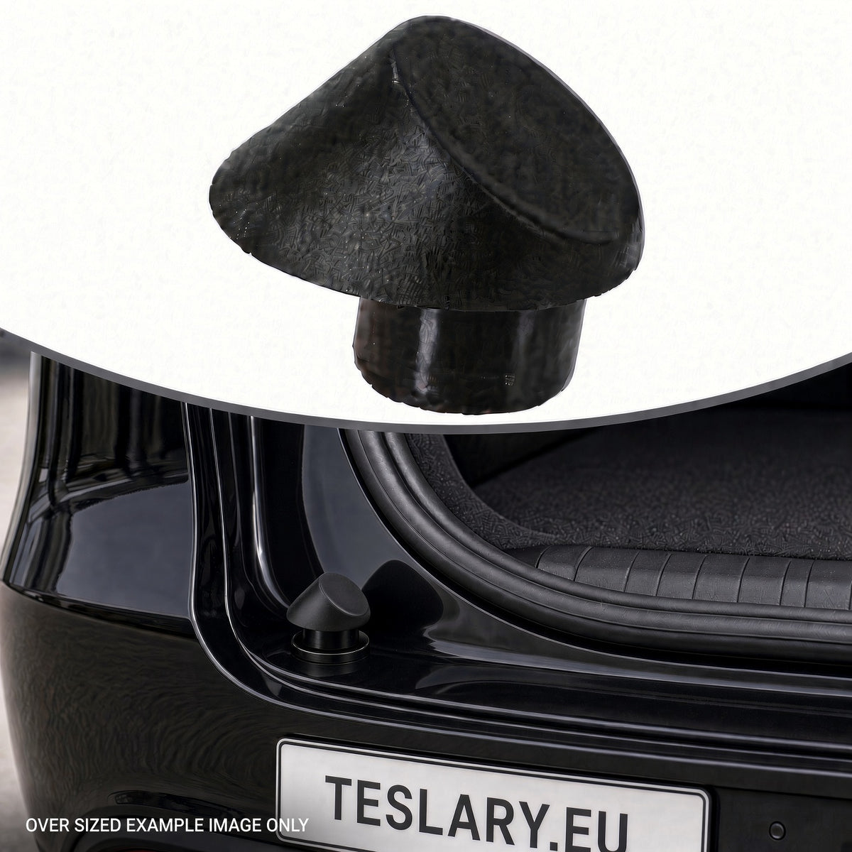 A black textured car trunk lid release cap shown floating above a black Tesla car trunk, with a small inset of the cap and a license plate reading TESLARY.EU. Tesla Trunk Rubber Stopper 1507940-00-C and 1507942-00-C Buy from Ireland and Europes teslary.eu