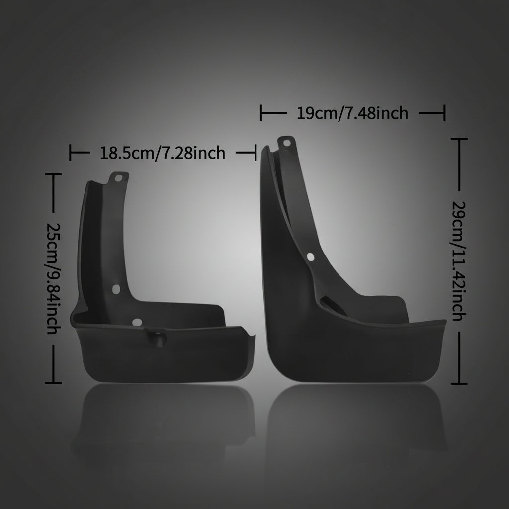 Black plastic vehicle mudflaps shown from the side with overlaid dimension labels and measurement lines indicating 25cm/9.84 inches, 18.