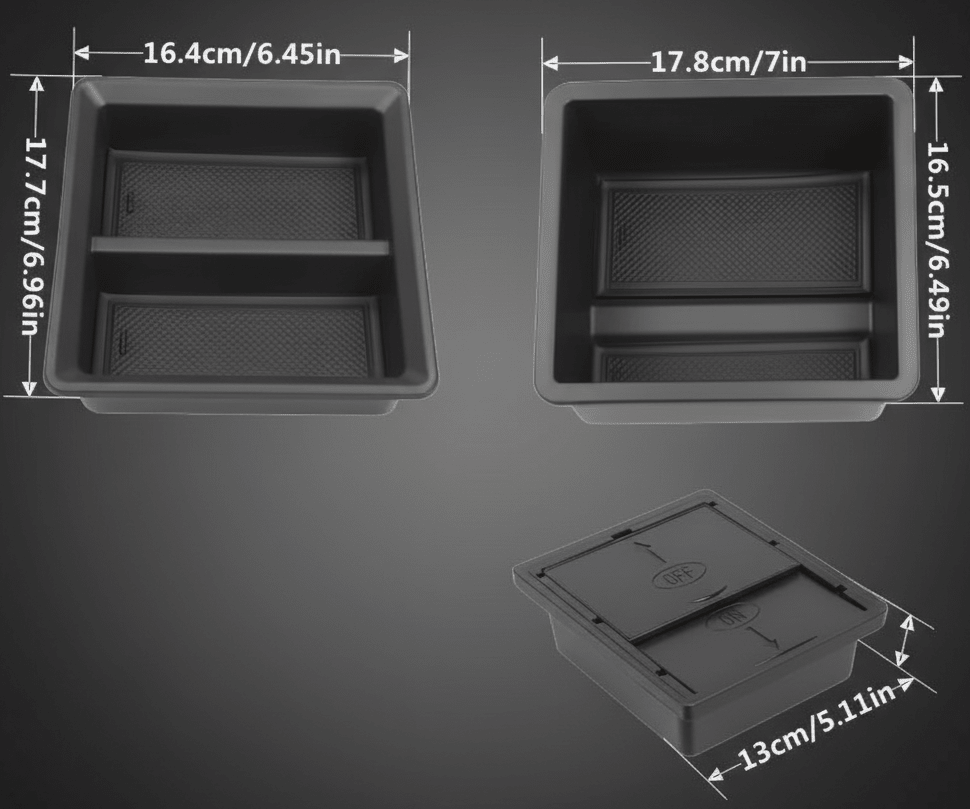 Tesla Model 3 Model Y 2020 2021 2022 2023 Sorage Organiser Tray 4 in 1 Set Buy from Europes Teslary.eu
Three views of a black plastic storage organizer tray with dimension labels and measurements on a white background.