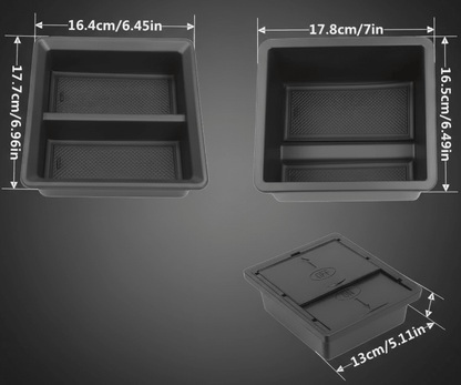 Tesla Model 3 Model Y 2020 2021 2022 2023 Sorage Organiser Tray 4 in 1 Set Buy from Europes Teslary.eu
Three views of a black plastic storage organizer tray with dimension labels and measurements on a white background.