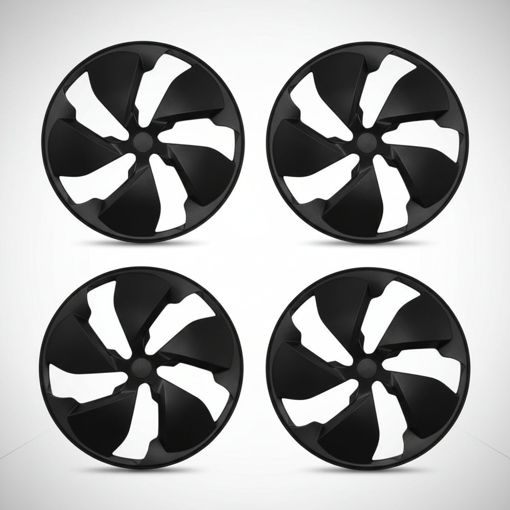 Four black fan-style wheel covers arranged in a 2x2 grid on a white background, with a vertical dimension marker between the top two showing 48 inches (121 cm).