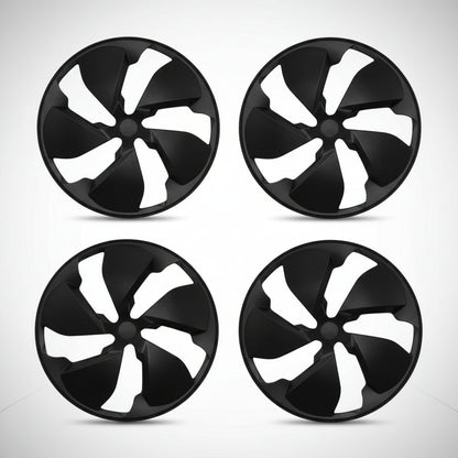 Four black fan-style wheel covers arranged in a 2x2 grid on a white background, with a vertical dimension marker between the top two showing 48 inches (121 cm).