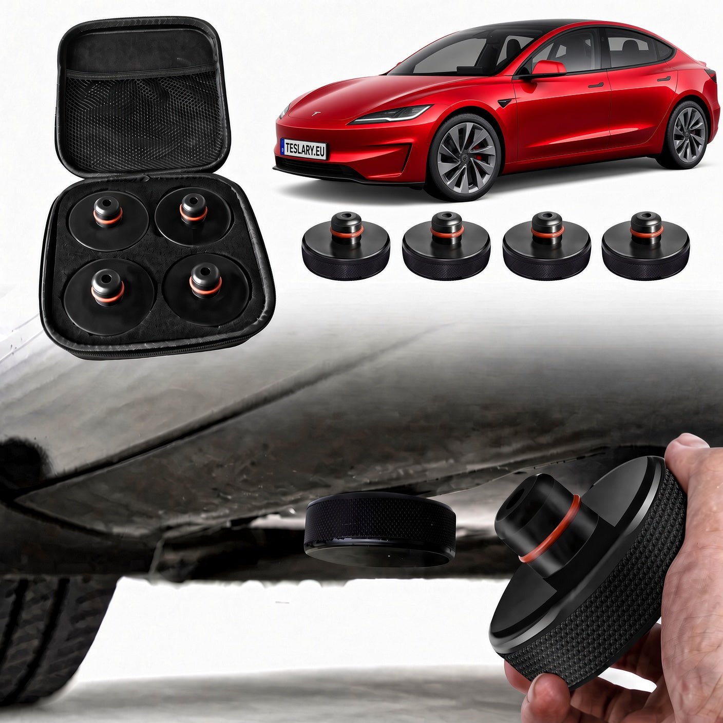 JACK PADS FOR TESLA , BYD , MG AND OTHER EVs , TESLA & BYD ACCESSORIES FROM IRELAND AND EUROPES TESLARY.EU WITH FREE DELIVERY ON ORDERS OVER €75-Black rubber tire pressure monitoring sensor pads with a red accent ring, shown in an open carrying case, with five individual pads, a red car in the background, and a hand demonstrating installation under the vehicle.