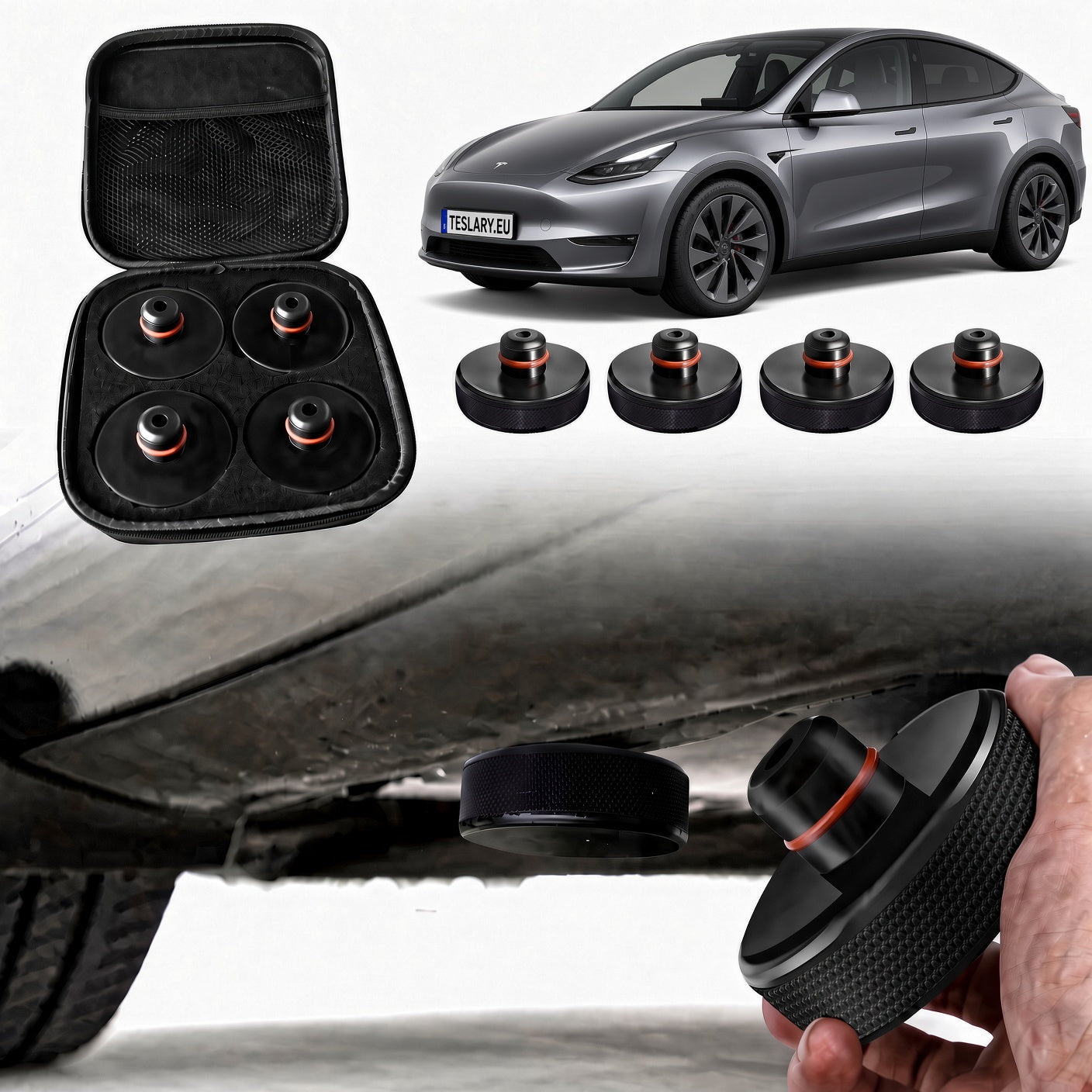 JACK PADS FOR TESLA , BYD , MG AND OTHER EVs , TESLA & BYD ACCESSORIES FROM IRELAND AND EUROPES TESLARY.EU WITH FREE DELIVERY ON ORDERS OVER €75 Black magnetic car undercarriage pad set with a zippered carrying case, shown alongside a gray Tesla model, five individual pads, and a hand holding one pad near a car undercarriage.