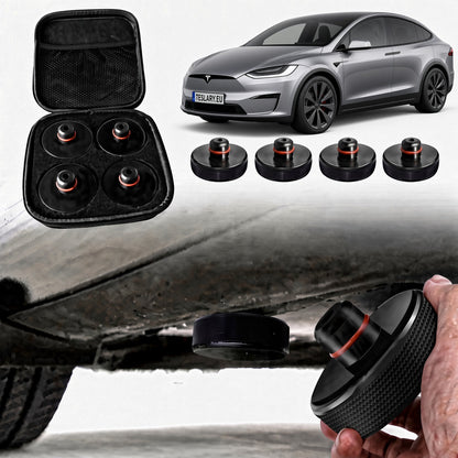 JACK PADS FOR TESLA , BYD , MG AND OTHER EVs , TESLA & BYD ACCESSORIES FROM IRELAND AND EUROPES TESLARY.EU WITH FREE DELIVERY ON ORDERS OVER €75  Black magnetic wheel chocks set with a carrying case, shown alongside a gray Tesla model and a hand holding one of the chocks near a car undercarriage.