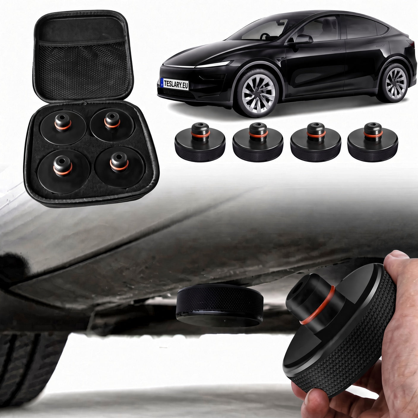 JACK PADS FOR TESLA , BYD , MG AND OTHER EVs , TESLA & BYD ACCESSORIES FROM IRELAND AND EUROPES TESLARY.EU WITH FREE DELIVERY ON ORDERS OVER €75  Black tire pressure monitoring sensor kit with a zippered carrying case, five round sensors, and a hand holding a sensor, shown alongside a black car on a white studio background.