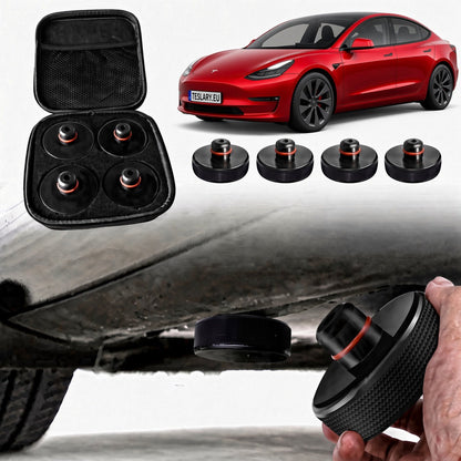 JACK PADS FOR TESLA , BYD , MG AND OTHER EVs , TESLA & BYD ACCESSORIES FROM IRELAND AND EUROPES TESLARY.EU WITH FREE DELIVERY ON ORDERS OVER €75 Black magnetic tire pressure monitoring sensor kits shown with a black carrying case, five loose sensors, a red Tesla car, and a hand demonstrating installation under the vehicle.