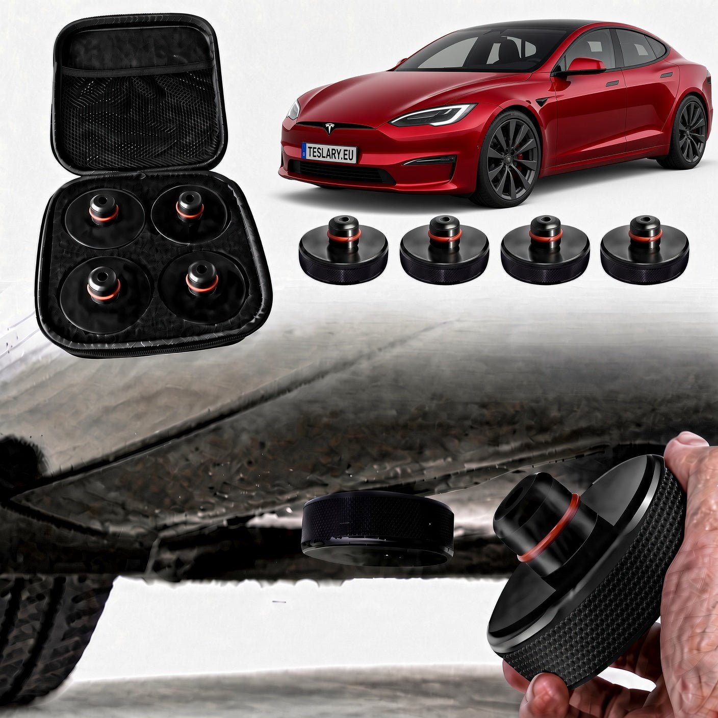 JACK PADS FOR TESLA , BYD , MG AND OTHER EVs , TESLA & BYD ACCESSORIES FROM IRELAND AND EUROPES TESLARY.EU WITH FREE DELIVERY ON ORDERS OVER €75  Black magnetic floor mats with red accent rings shown in a black zip case, alongside a red car and a hand demonstrating the mats being lifted by magnets under the car.