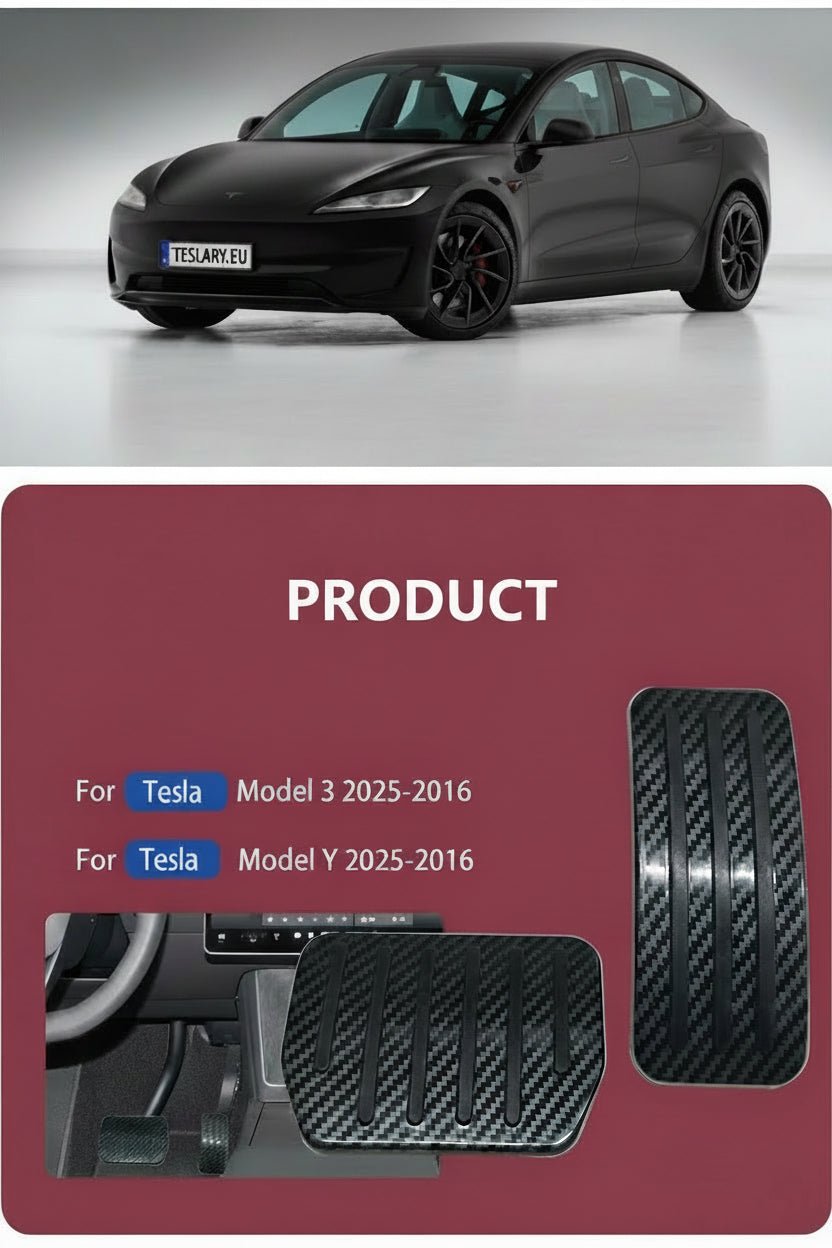 Carbon fiber patterned Tesla Model 3 and Model Y footwell mats shown with a red Tesla car on a light gray background and product specification text on a dark red panel.