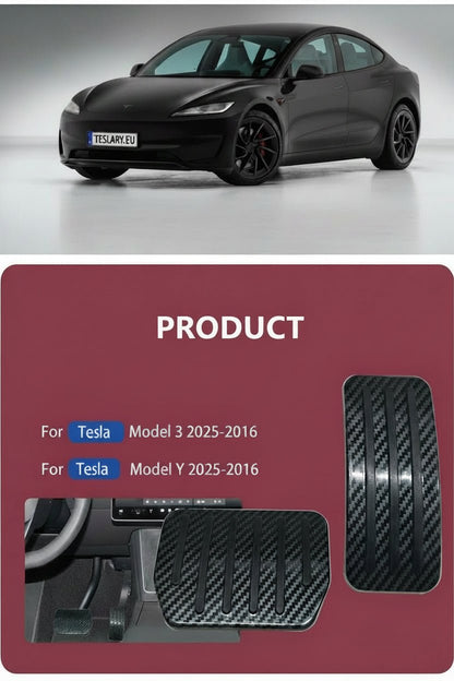 Carbon fiber patterned Tesla Model 3 and Model Y footwell mats shown with a red Tesla car on a light gray background and product specification text on a dark red panel.