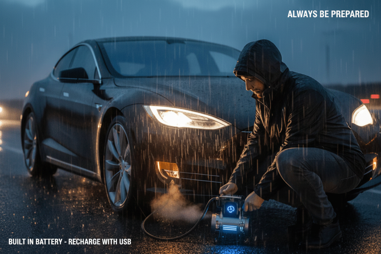 Portable Tyre Inflator Air Compressor - 3X Fast 150 PSI Lithium Ion Car Tyre Pump & Pressure Gauge - Ideal for your Tesla - TESLARY Tesla Shop Accessories Europe Nederlands Dublin Cork Ireland Deutschland Espana Alicante France Italia