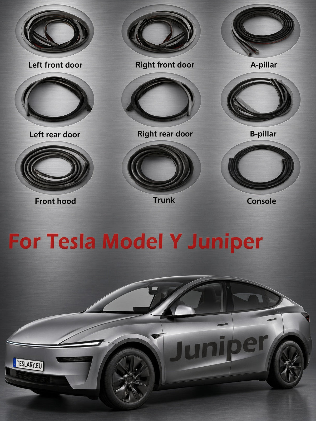 A set of black rubber door and trunk bumpers for Tesla Model Y Juniper, shown in a 9-panel layout above a silver Tesla Model Y. The image displays the bumpers coiled and laid out for each corresponding part of the vehicle (Left front door, Right front door, A-pillar, Left rear door, Right rear door, B-pillar, Front hood, Trunk, and Console) with red text reading 'For Tesla Model Y Juniper'. tesla-model-y-juniper-soundproof-seal-kit-for-pillars-doors-trunk-frunk-teslary-dublin-ireland-cork-nederlands-deutsch