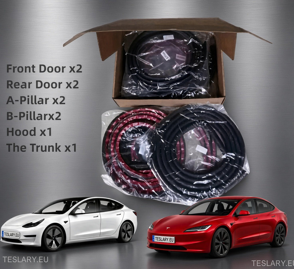 An automotive wiring harness kit shown in an open cardboard box with two coiled black cables and two coiled red-and-black cables, alongside two Tesla Model S cars used as illustrative context. Text on the left lists the included parts: Front Door x2, Rear Door x2, A-Pillar x2, B-Pillar x2, Hood x1, and The Trunk x1. tesla-model-3-absorption-sound-proofing-strips-teslary-dublin-ireland-nederlands-deutscgland-espana-alicante-madrid-tesla-shop-europe-france-italia-uk-united-ki-209965