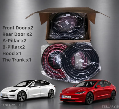 An automotive wiring harness kit shown in an open cardboard box with two coiled black cables and two coiled red-and-black cables, alongside two Tesla Model S cars used as illustrative context. Text on the left lists the included parts: Front Door x2, Rear Door x2, A-Pillar x2, B-Pillar x2, Hood x1, and The Trunk x1. tesla-model-3-absorption-sound-proofing-strips-teslary-dublin-ireland-nederlands-deutscgland-espana-alicante-madrid-tesla-shop-europe-france-italia-uk-united-ki-209965