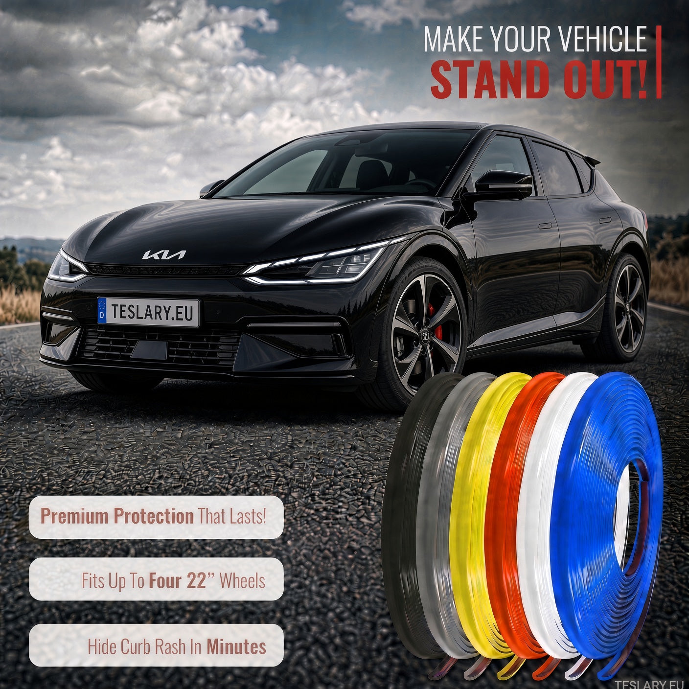 8M Car Wheel Rim Edge Protector Rubber Wheel Hub Rim Guard Vehicle Tire Rim Decor Sticker Strip Universal Automotive Accessories for Curb Rash and Wheel Scratch Prevention TESLA BYD MODEL 3 HIGHLAND JUNIPER 2025 2026 2027 MODEL S MODEL X MODEL YL SEAL MG URBAN KIA EV6 EV2 EV3 EV4 EV5 EV7 EV8 EV9 WHEEL COVER PROTECTIVE STRIPS IN RED WHITE BLACK GREY 8 METRES BUY FROM IRELAND AND EUROPES TESLARY.EU 
