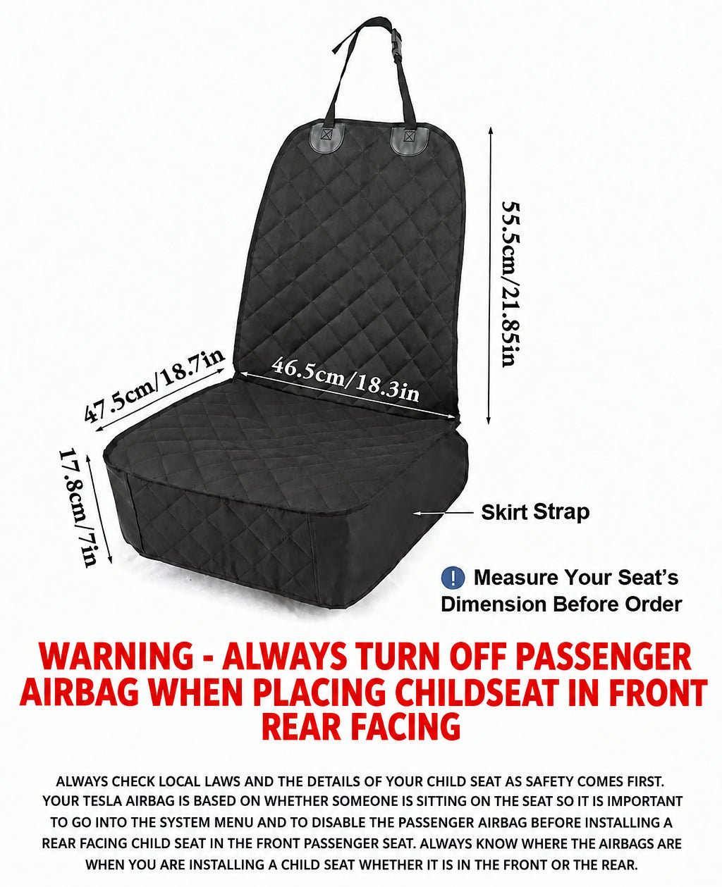 Black quilted car seat cover with dimension labels showing height, width, and depth measurements, plus a skirt strap label, on a white background.
