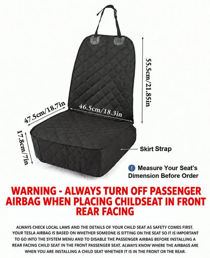 Black quilted car seat cover with dimension labels showing height, width, and depth measurements, plus a skirt strap label, on a white background.