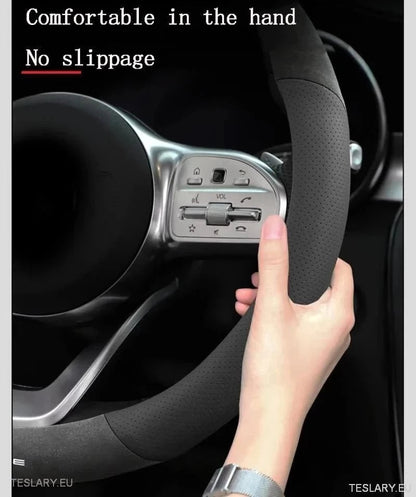 Tesla 3/Y Suede & Leather Premiun Steering Wheel Cover - TESLARY Tesla Shop Accessories Europe Nederlands Ireland Deutschland Espana Alicante France Italia