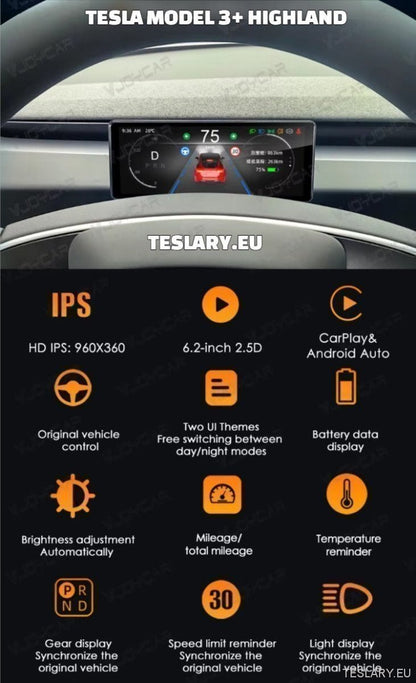 Tesla Model 3 / 3+ Highland & Model Y HUD Dash Instrument Cluster 6.2" / 4.6" Wide Speed Meter - TESLARY Tesla Shop Accessories Europe Nederlands Ireland Deutschland Espana Alicante France Italia