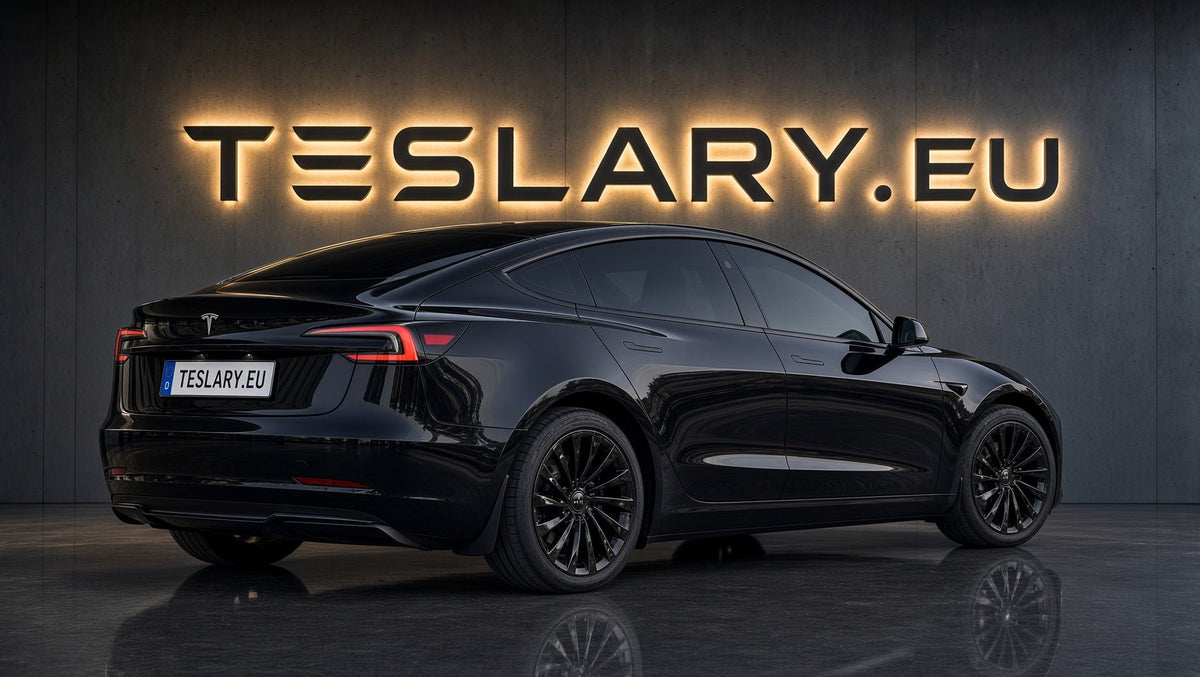 A black Tesla Model Y sedan shown from a rear three-quarter angle in a dark studio setting, with large illuminated TESLARY.EU lettering on the wall behind it. TESLAR MODEL 3 HIGHLAND 18 INCH WHEEL COVERS UBER NOVA PERFORMANCE STYLE GLOSS BLACK FREE DELIVERY WITH FEDEX ACROSS EUROPE FROM IRELAND AND EUROPES TESLARY.EU THE TESLA ACCESSORIES SPECIALISTS