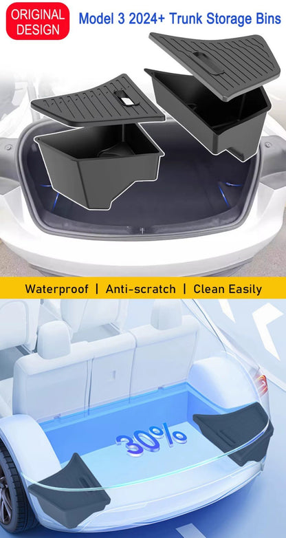 Tesla Model 3+ Highland Trunk Storage Bins with High Strenght Plastic Lid Covers ( New Design ) - TESLARY Tesla Shop Accessories Europe Nederlands Dublin Cork Ireland Deutschland Espana Alicante France Italia