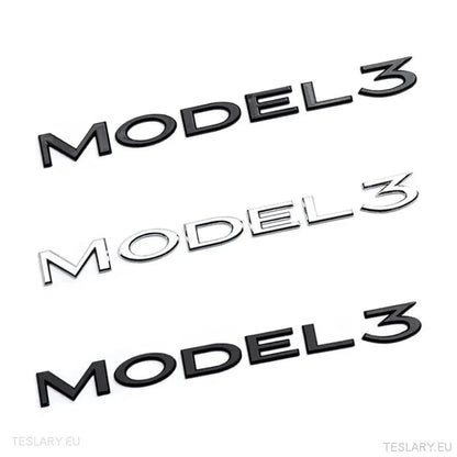 TESLA " MODEL 3 " REAR LOGO EMBLEM IN CHROME & BLACK - TESLARY Tesla Shop Accessories Europe Nederlands Ireland Deutschland Espana Alicante France Italia