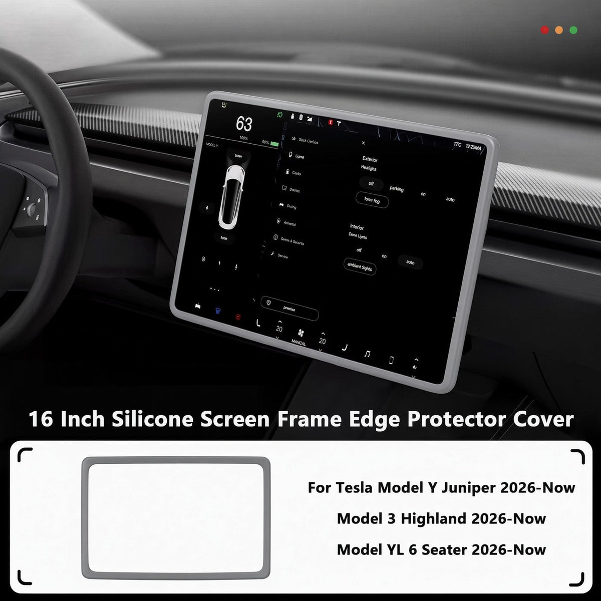 A 16-inch silicone screen frame edge protector cover shown installed around a car dashboard display, with text listing compatibility for Tesla Model Y Juniper, Model 3 Highland, and Model YL 6 Seater. TESLA_MODEL_Y_JUNIPER_TESLA_MODEL_3_HIGHLAND_16_SCREEN_YL_SCREEN_SILICONE_EDGE_PROTECTOR_BLACK_GREY_WHITE_BUY_FROM_IRELAND_AND_EUROPES_TESLARY.EU_TESLARY.FI_TESLARY.SE_TESLARY.ES_TESLARY.PT_TESLARY.CO.UK_TESLARY.IE