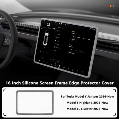 A 16-inch silicone screen frame edge protector cover shown installed around a car dashboard display, with text listing compatibility for Tesla Model Y Juniper, Model 3 Highland, and Model YL 6 Seater. TESLA_MODEL_Y_JUNIPER_TESLA_MODEL_3_HIGHLAND_16_SCREEN_YL_SCREEN_SILICONE_EDGE_PROTECTOR_BLACK_GREY_WHITE_BUY_FROM_IRELAND_AND_EUROPES_TESLARY.EU_TESLARY.FI_TESLARY.SE_TESLARY.ES_TESLARY.PT_TESLARY.CO.UK_TESLARY.IE