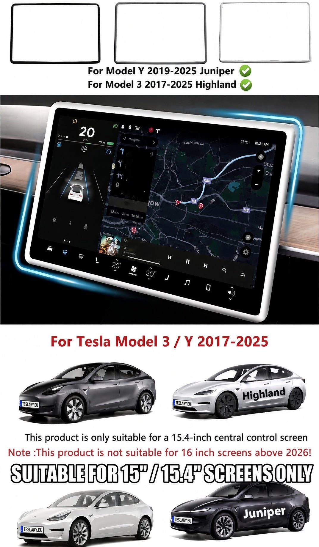 Car dashboard screen protector film shown installed around a large central console screen, with text indicating compatibility for Y 2019-2025 Juniper and Tesla Model 3 / Y 2017-2025. The image includes small car illustrations and a note that the product is suitable for a 15. TESLA_MODEL_Y_JUNIPER_TESLA_MODEL_3_HIGHLAND_16_SCREEN_YL_SCREEN_SILICONE_EDGE_PROTECTOR_BLACK_GREY_WHITE_BUY_FROM_IRELAND_AND_EUROPES_TESLARY.EU_TESLARY.FI_TESLARY.SE_TESLARY.ES_TESLARY.PT_TESLARY.CO.UK_TESLARY.IE