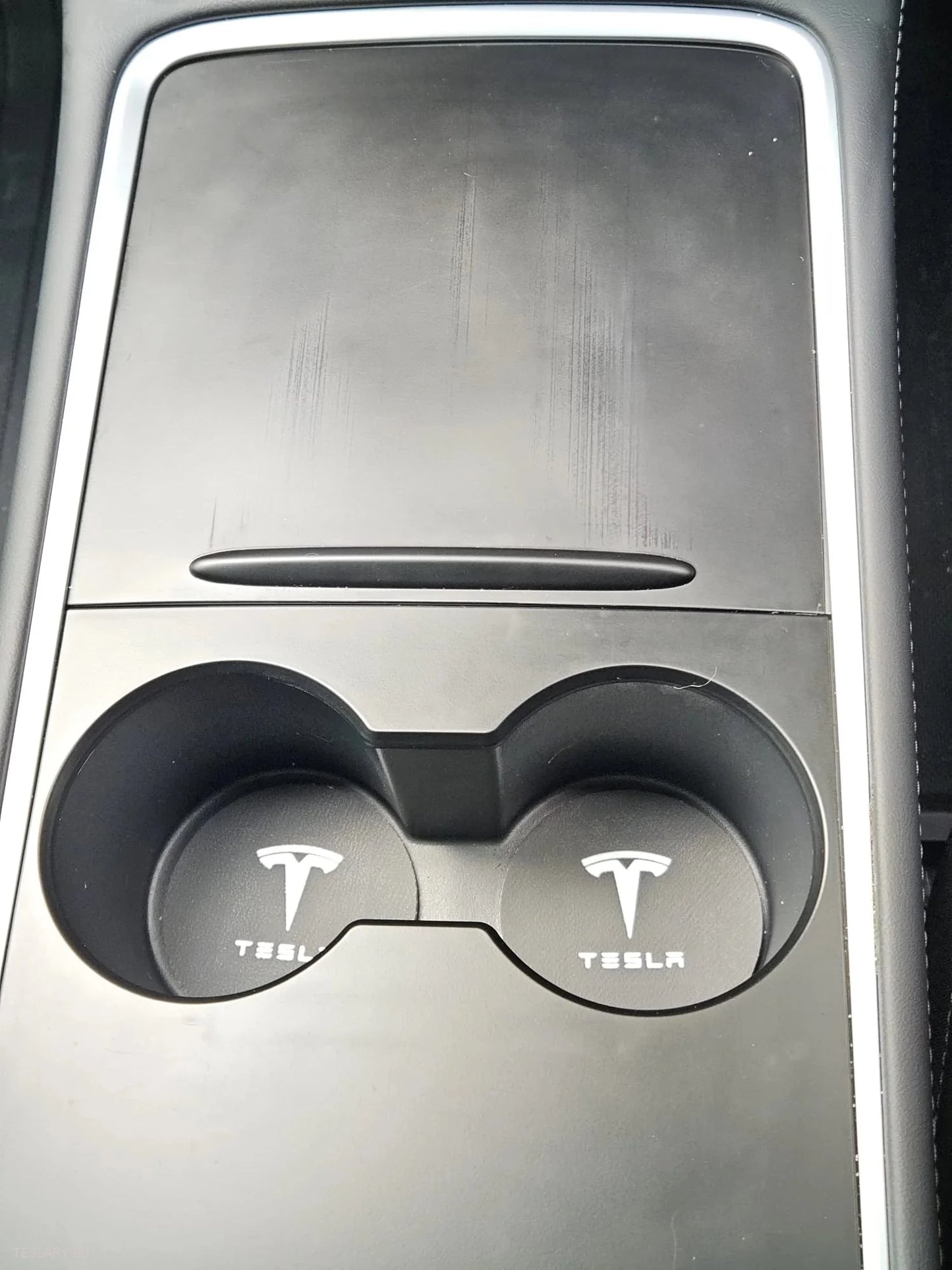 Tesla Model 3 Y S x Black Leather Center Console Cup INSERTS s logem