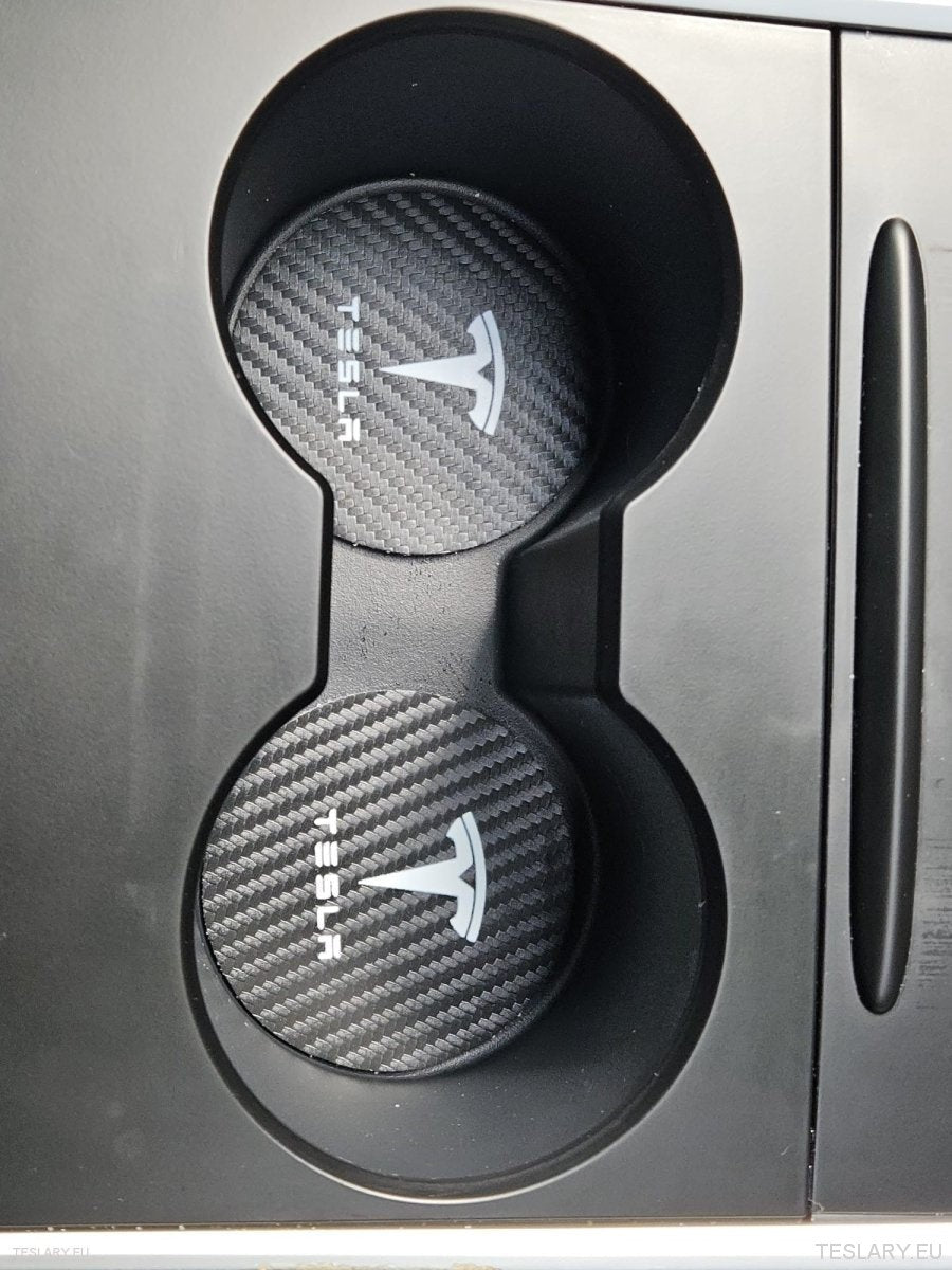 Tesla Model 3 Y S X Black Leather Centre Console Cup Inserts with Logo - TESLARY Tesla Shop Accessories Europe Nederlands Dublin Cork Ireland Deutschland Espana Alicante France Italia